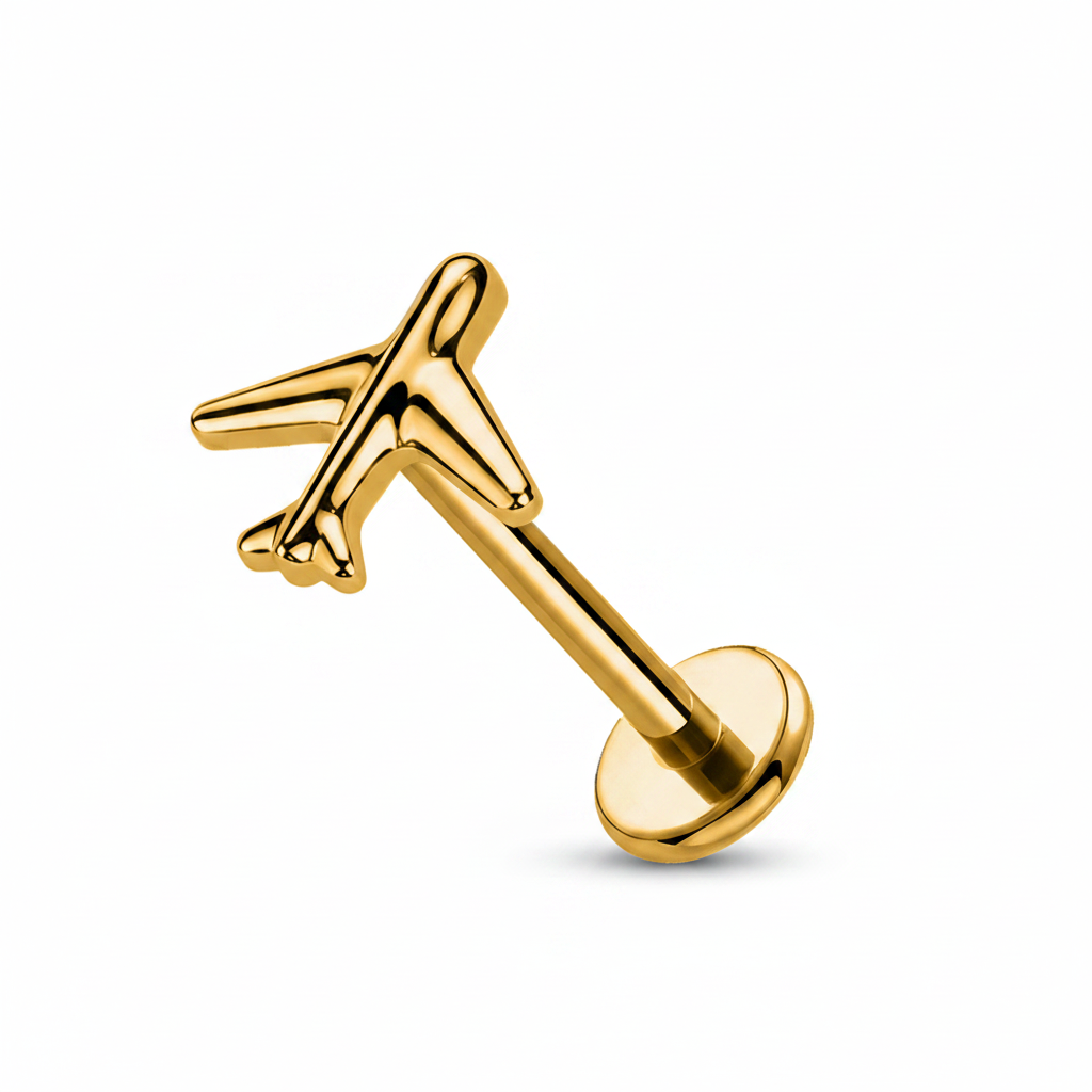 Piercing labret aereo oro 18k singolo su sfondo bianco