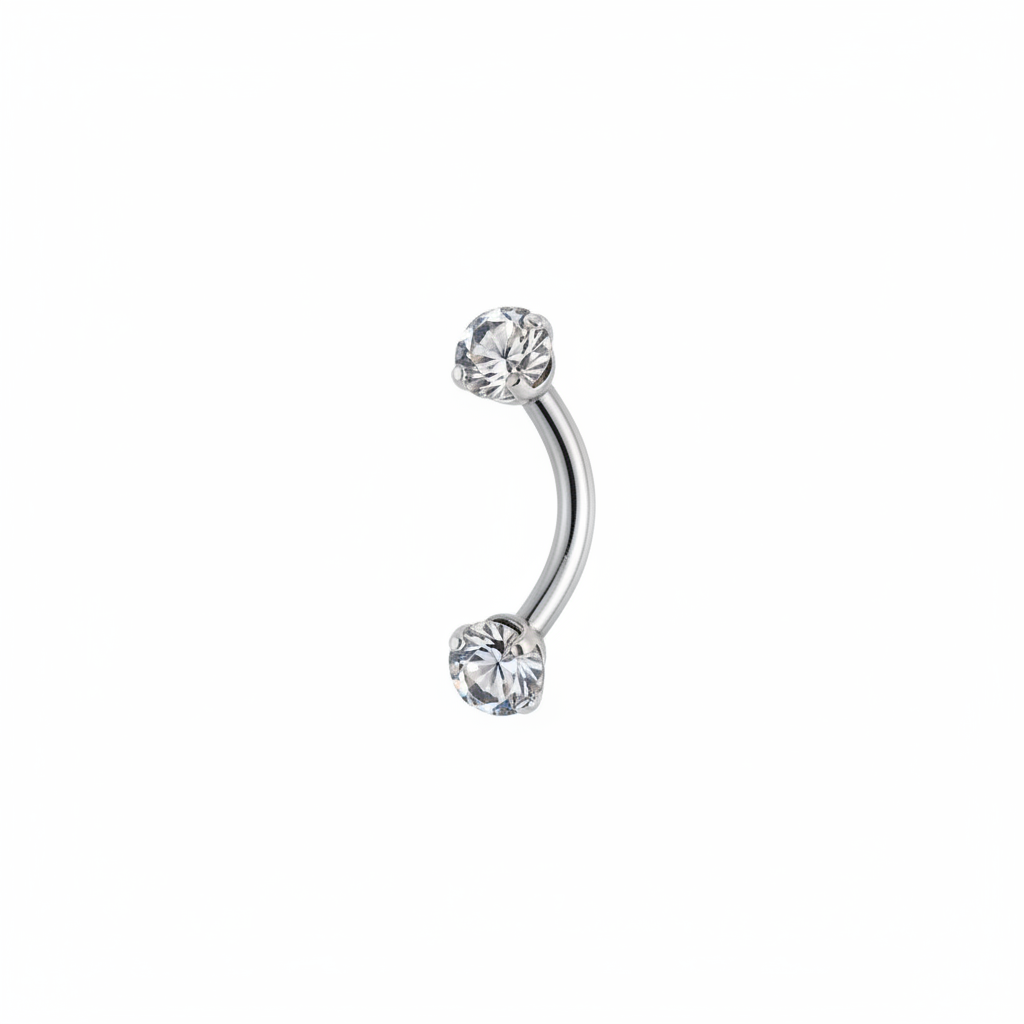 Piercing sopracciglio curvo argento con cristalli su sfondo bianco